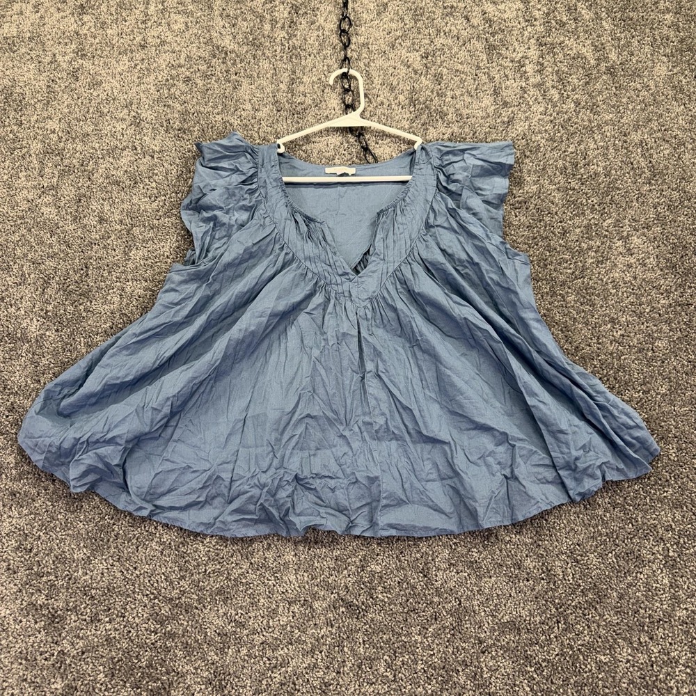Maurices Top Womens XL Blue Cotton Flutter Sleeve Ruffle Tunic Blouse Summer